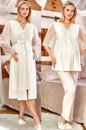 Tulle Lace Sleeve 3-Pieces Maternity & Nursing Pajamas With Robe Ecru - 150149