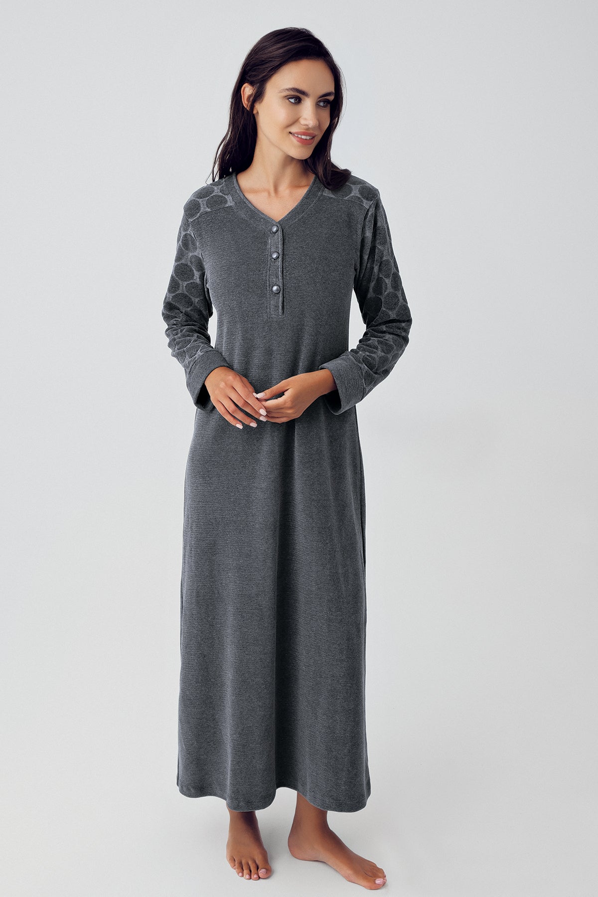 Terry Jacquard Maternity & Nursing Nightgown With Robe Anthracite - 500101