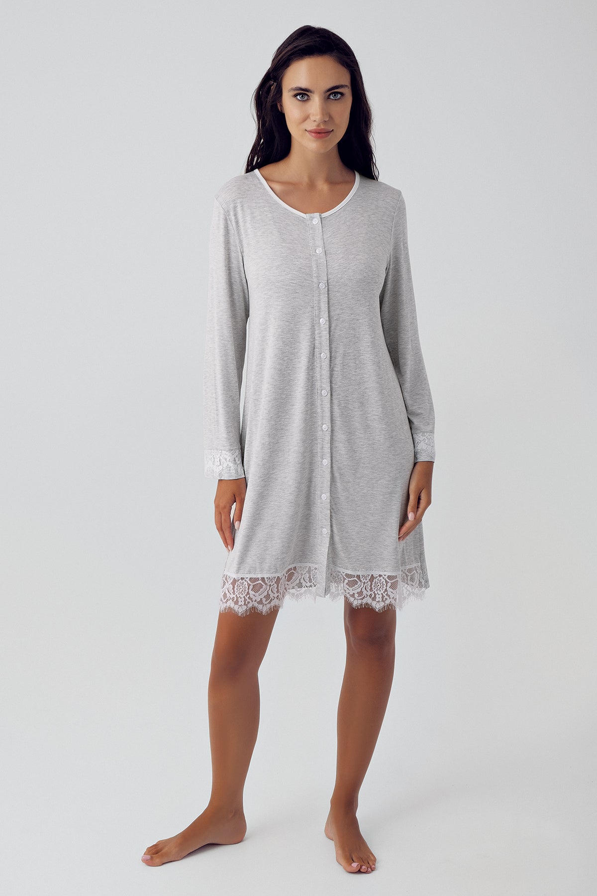 Melange Lace Maternity & Nursing Nightgown Grey - 15103