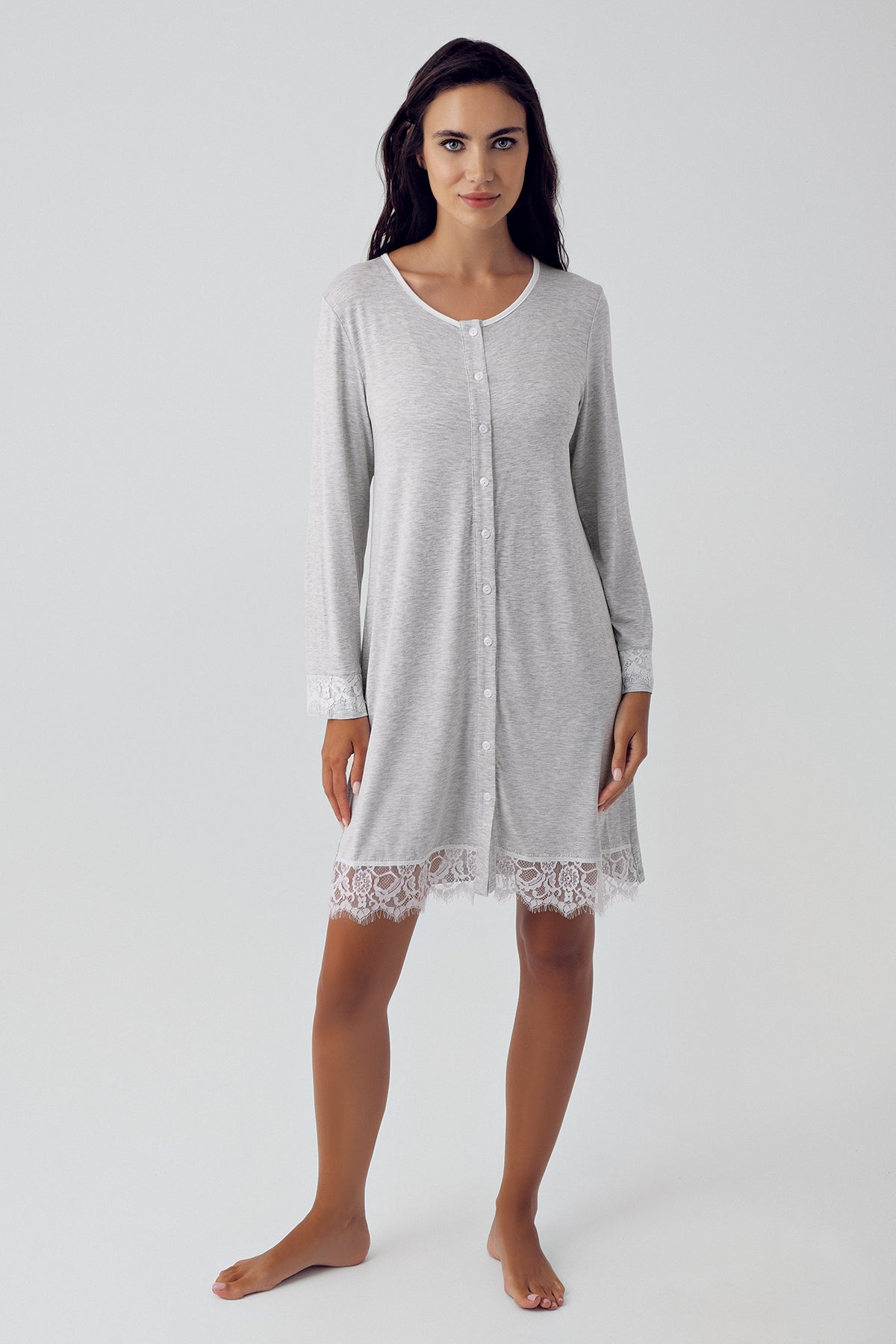 Melange Lace Maternity & Nursing Nightgown With Robe Grey - 15403