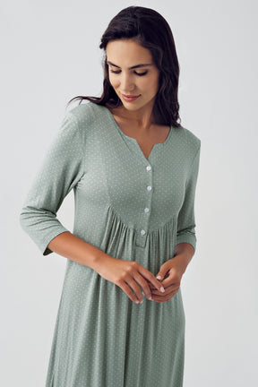 Polka Dot Maternity & Nursing Nightgown With Flower Patterned Robe Green - 15404
