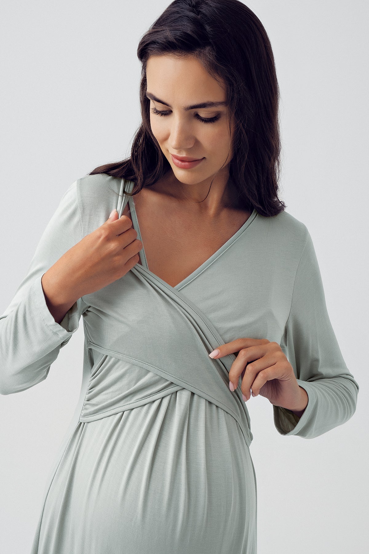 Cross Double Breasted Maternity & Nursing Nightgown Green - 15105