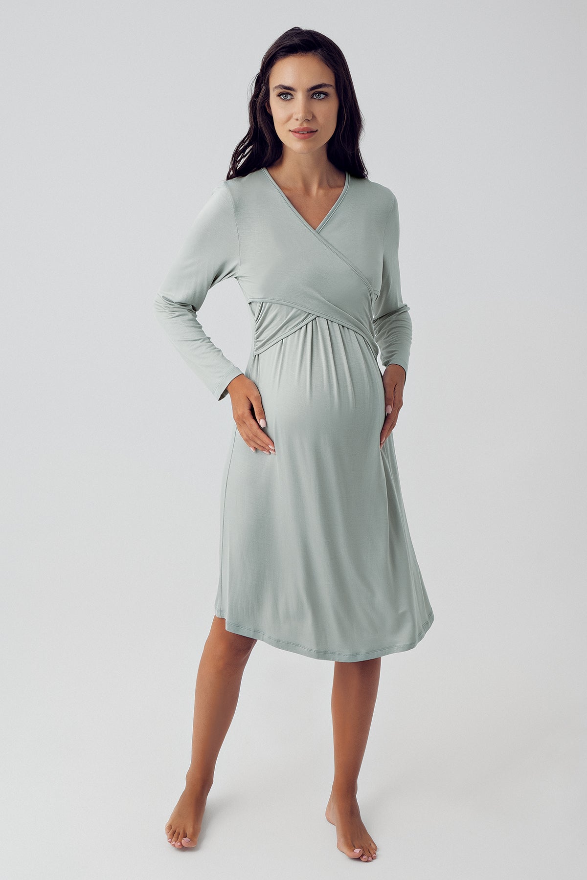 Cross Double Breasted Maternity & Nursing Nightgown With Patterned Robe Green - 15405