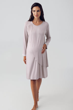 Wide Double Breasted Maternity & Nursing Nightgown With Flowery Robe Coffee - 15409
