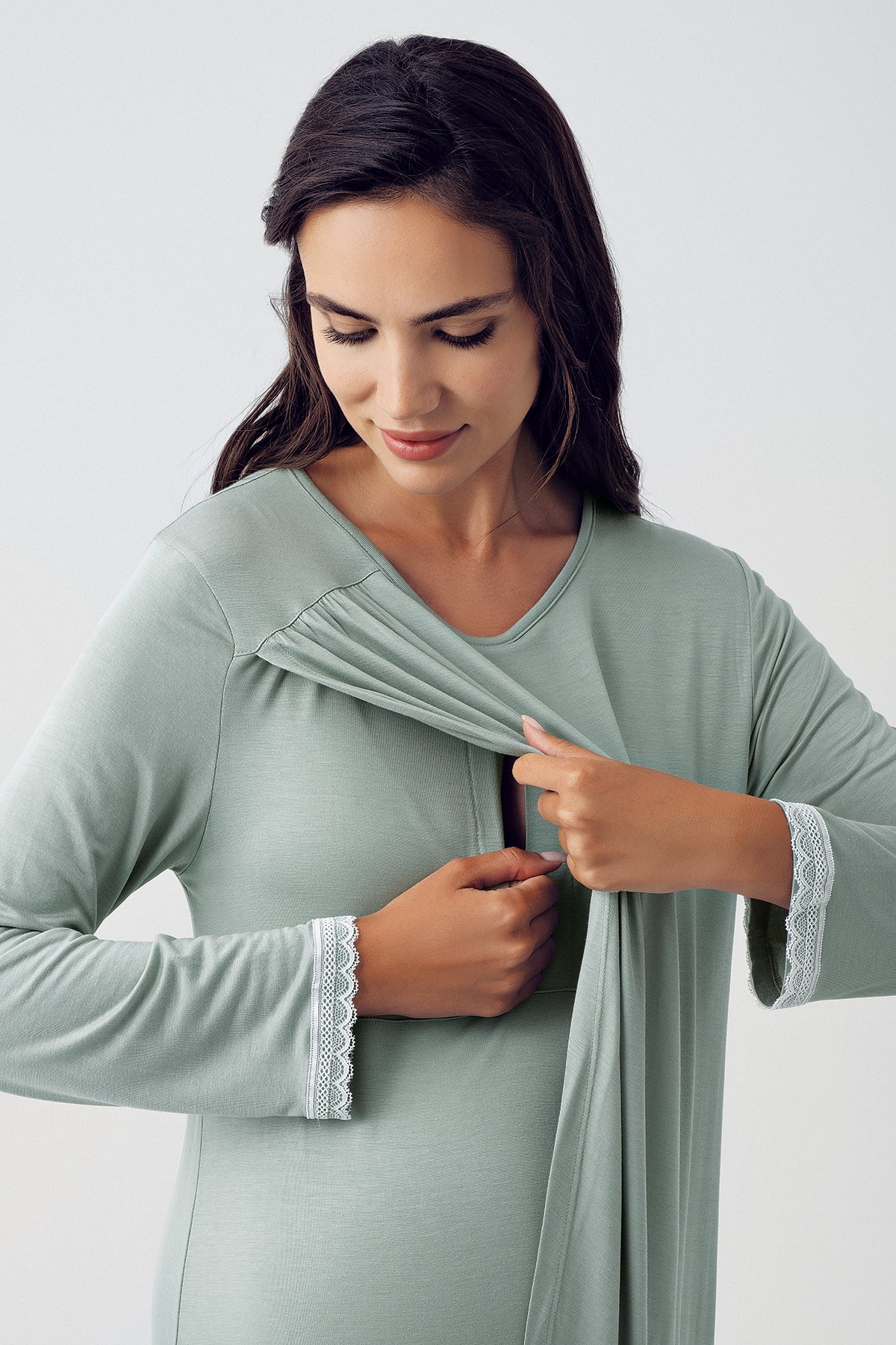 Wide Double Breasted Maternity & Nursing Nightgown Green - 15109