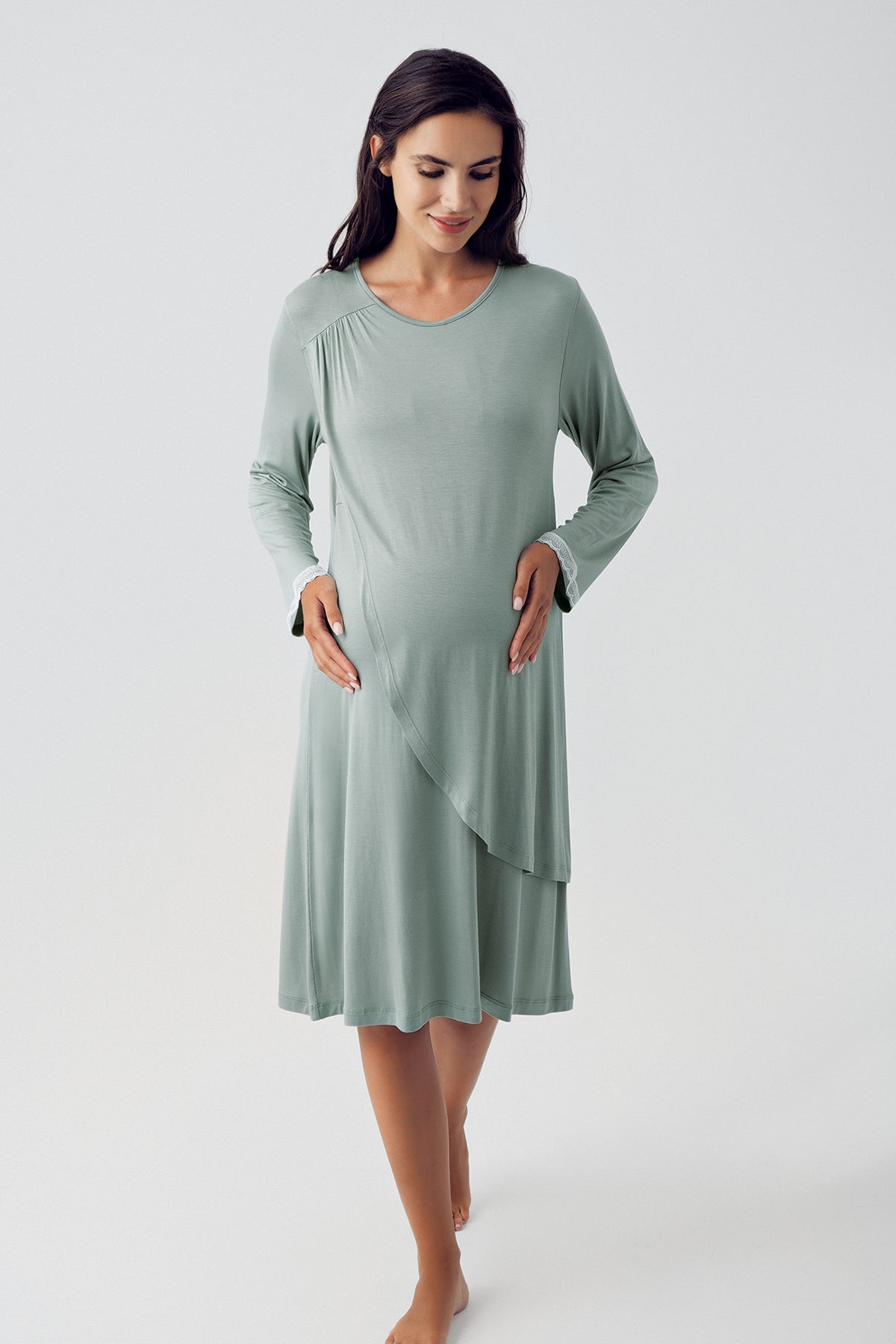 Wide Double Breasted Maternity & Nursing Nightgown Green - 15109