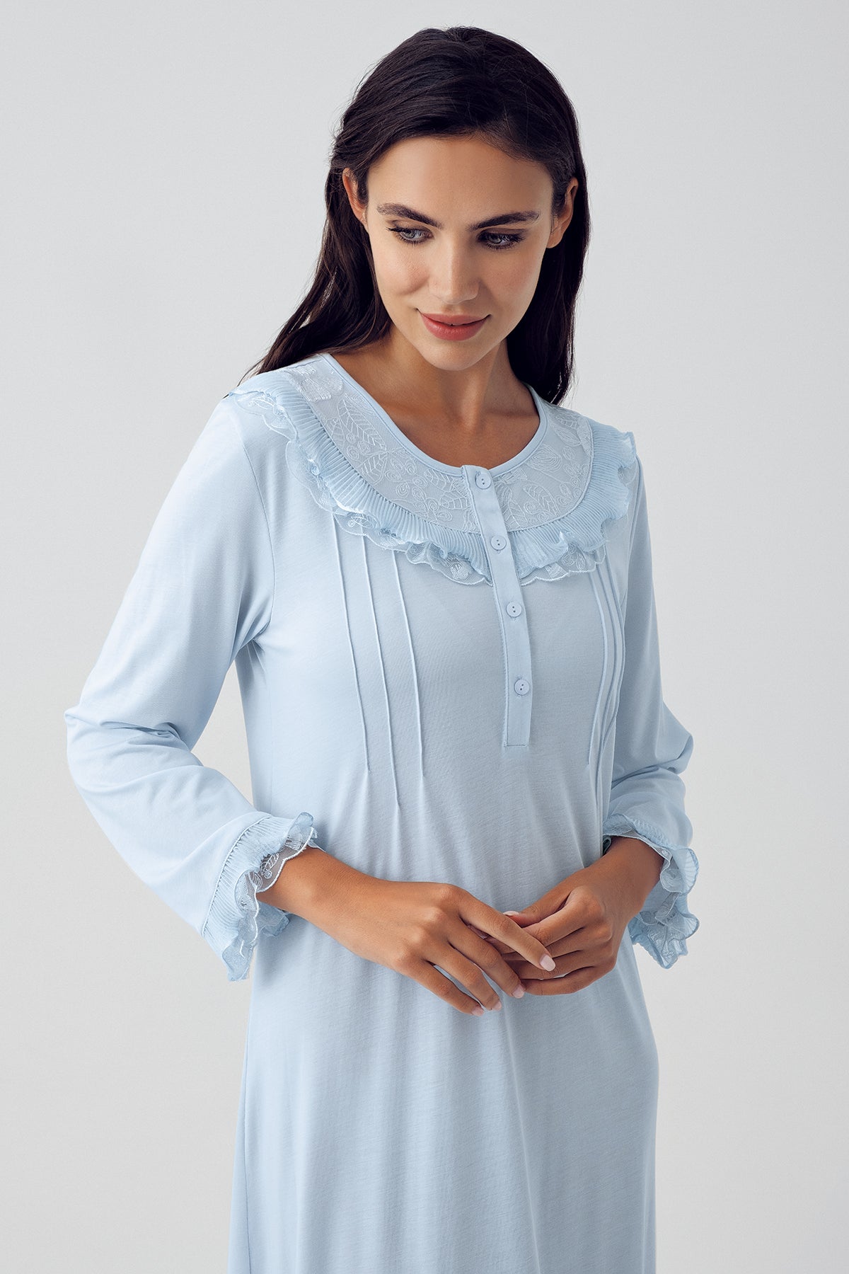 Lace Detailed Maternity & Nursing Nightgown With Robe Blue - 15410