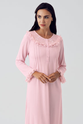Lace Detailed Maternity & Nursing Nightgown With Robe Powder - 15410