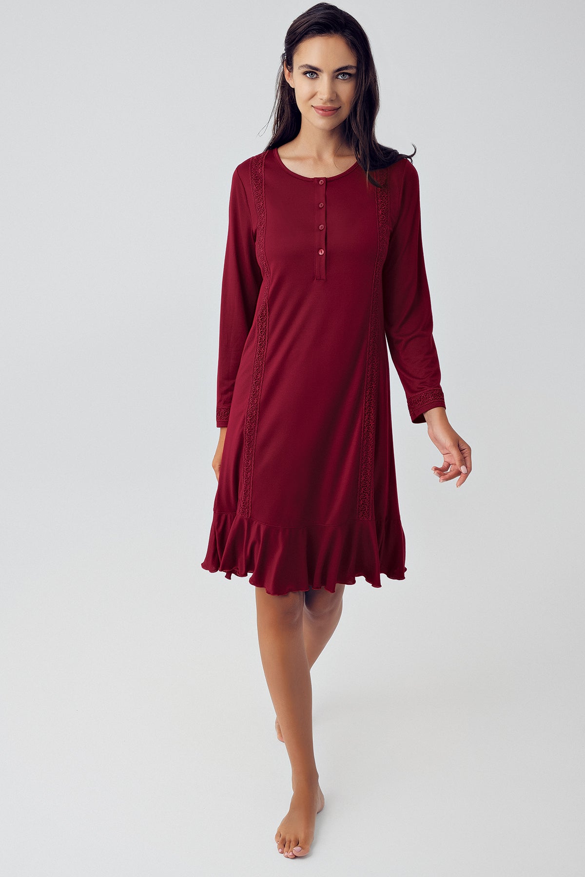 Pleated Maternity & Nursing Nightgown Claret Red - 15116
