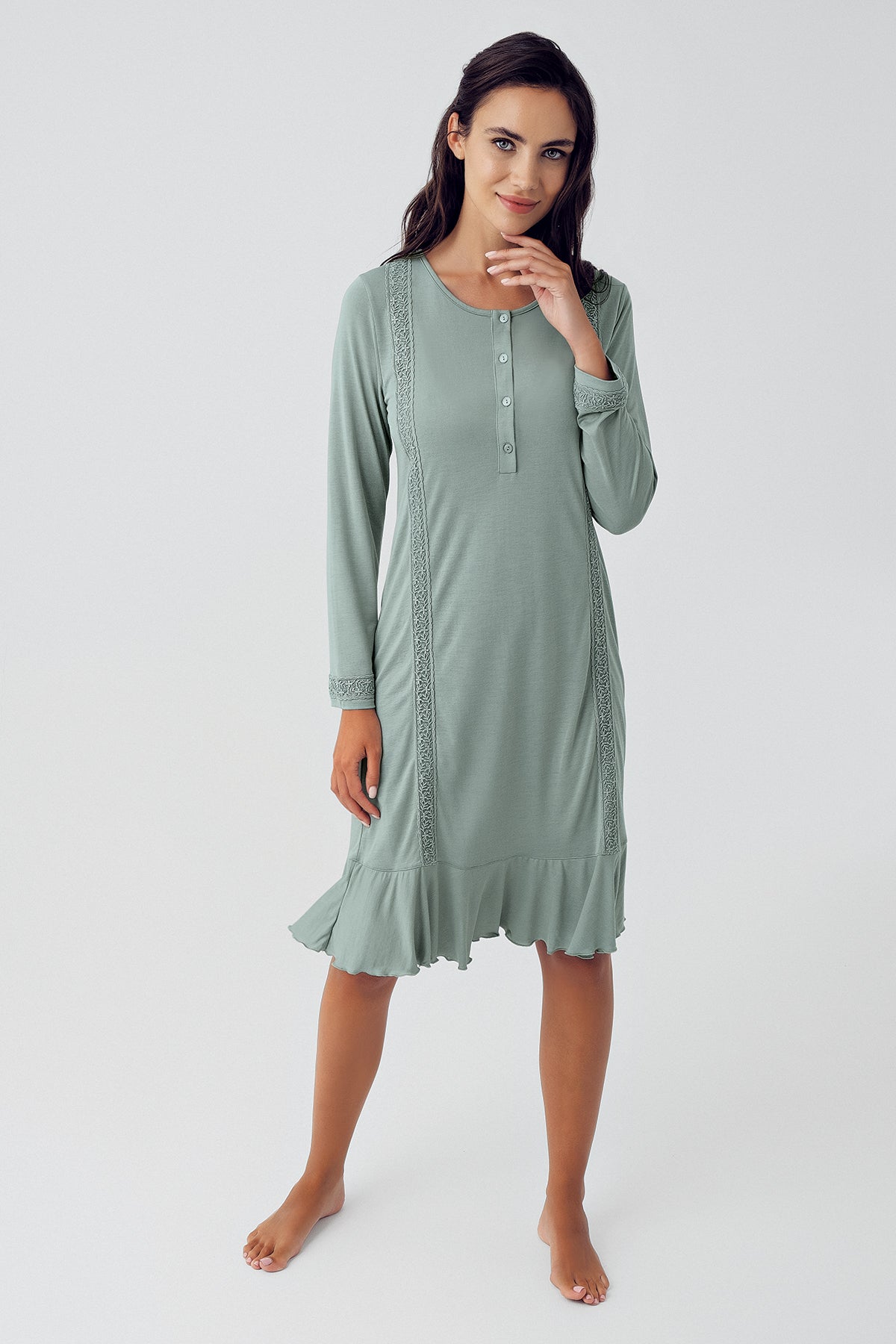 Pleated Maternity & Nursing Nightgown Green - 15116