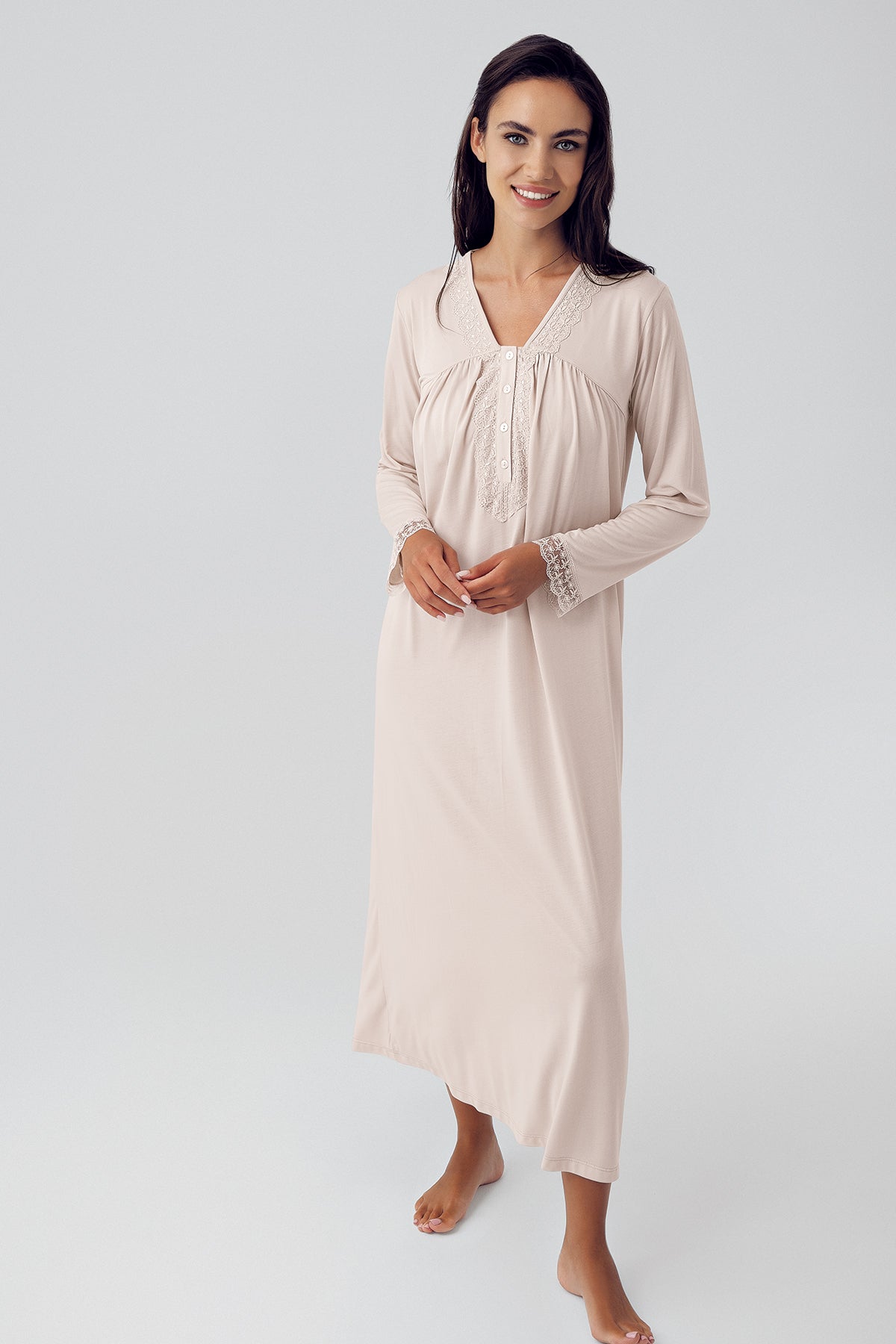Lace Sleeve Plus Size Maternity & Nursing Nightgown Beige - 15120
