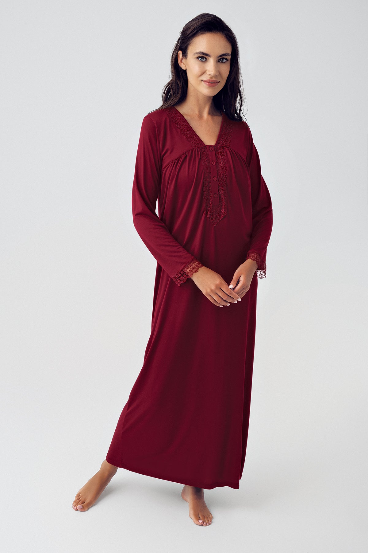 Lace Sleeve Plus Size Maternity & Nursing Nightgown Claret Red - 15120