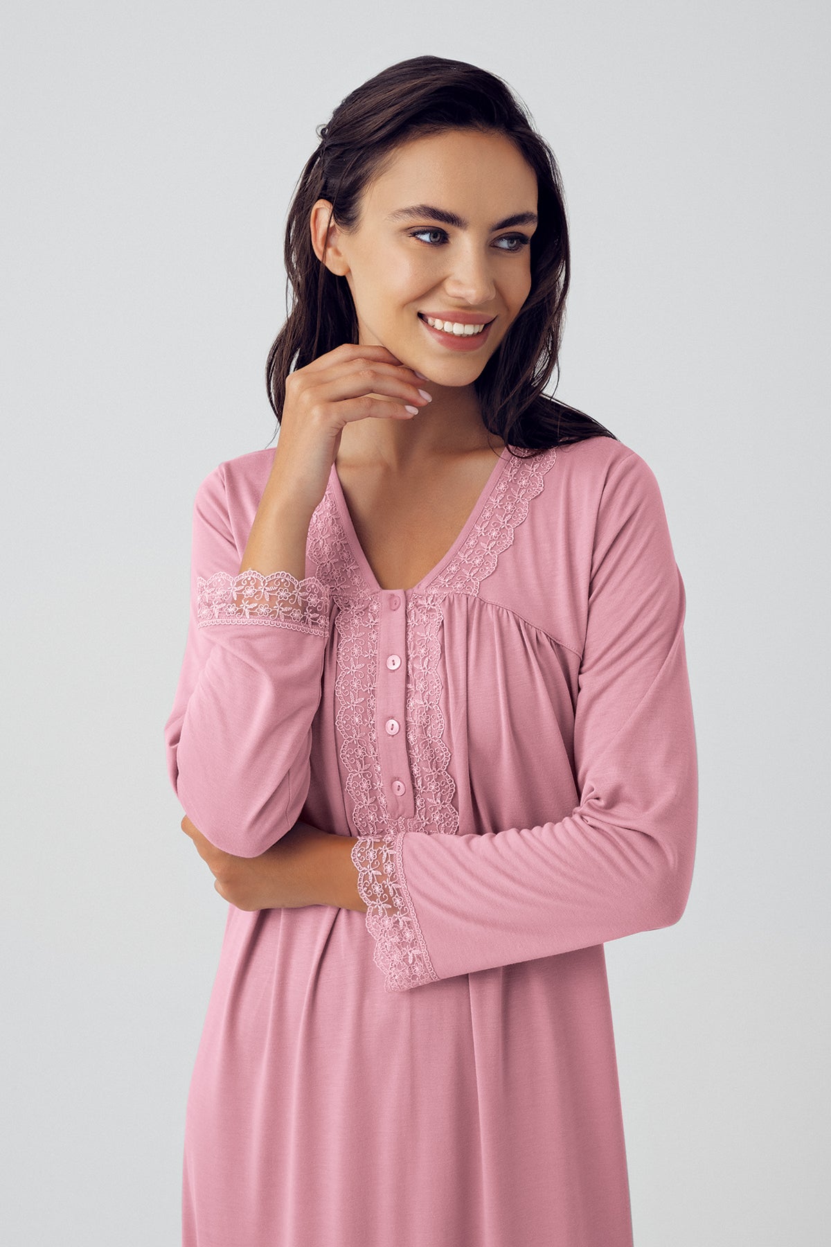 Lace Sleeve Plus Size Maternity & Nursing Nightgown Dried Rose - 15120