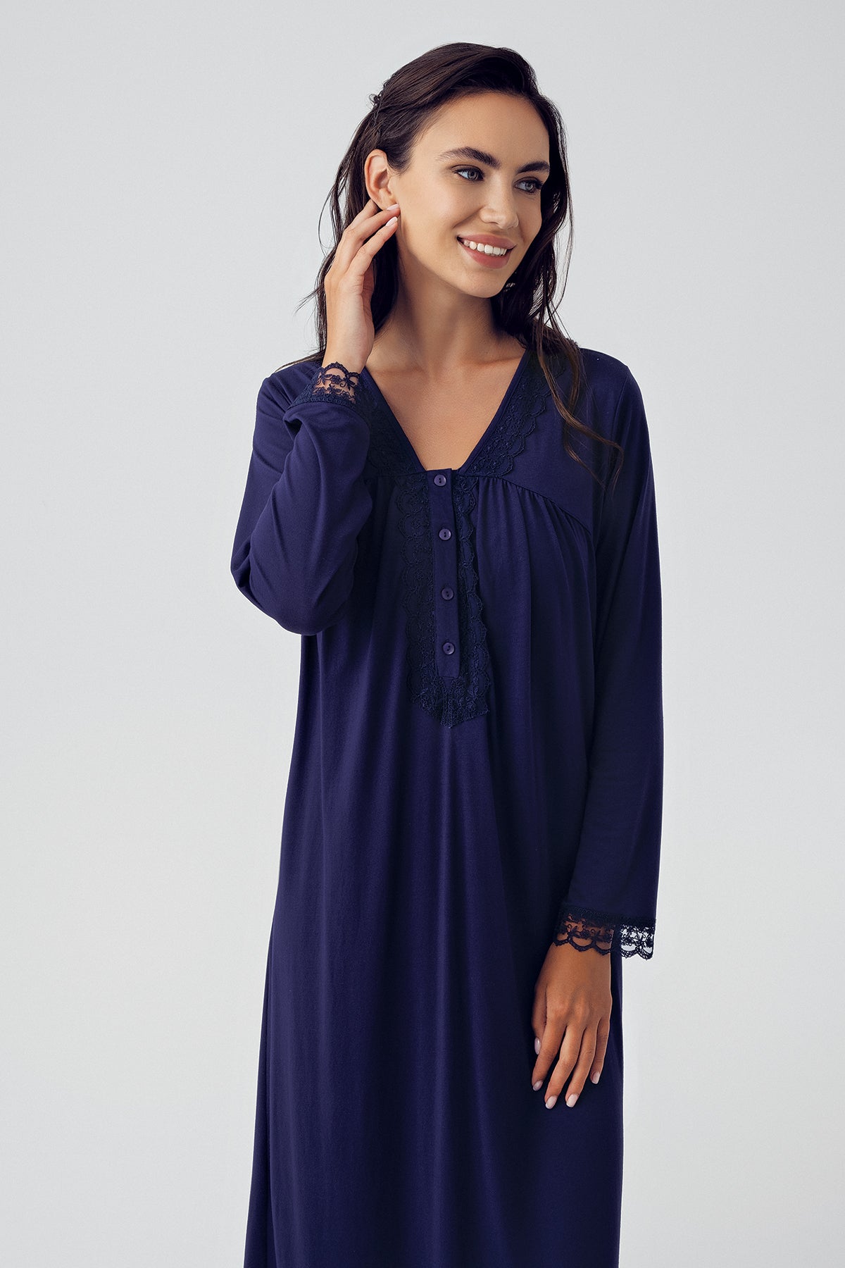 Lace Sleeve Plus Size Maternity & Nursing Nightgown Navy Blue - 15120