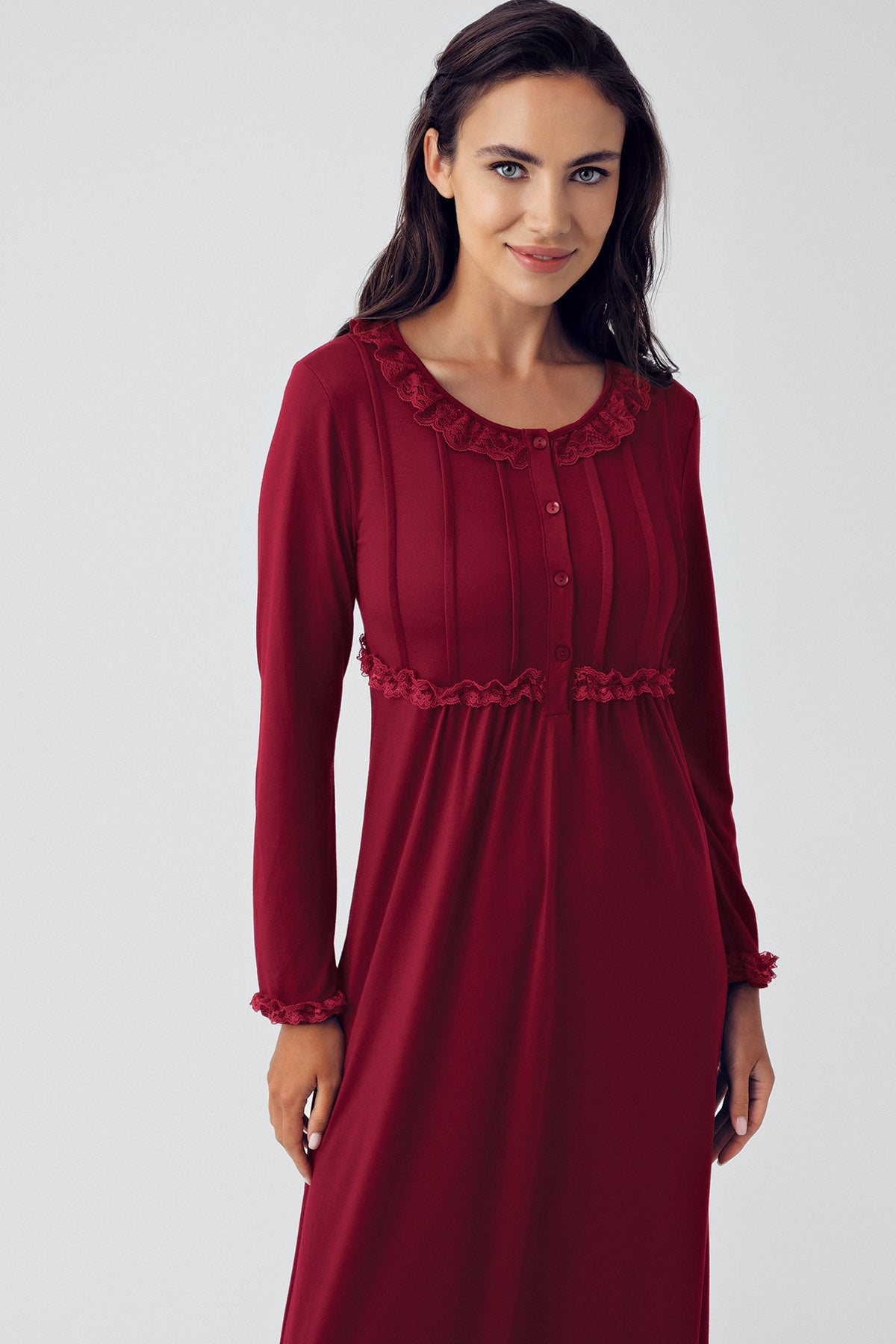 Guipure Collar Plus Size Maternity & Nursing Nightgown Claret Red - 15121