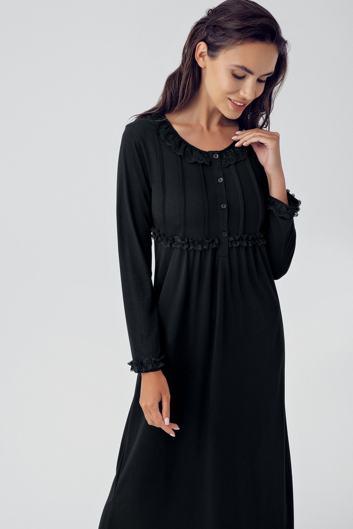 Guipure Collar Plus Size Maternity & Nursing Nightgown Black - 15121