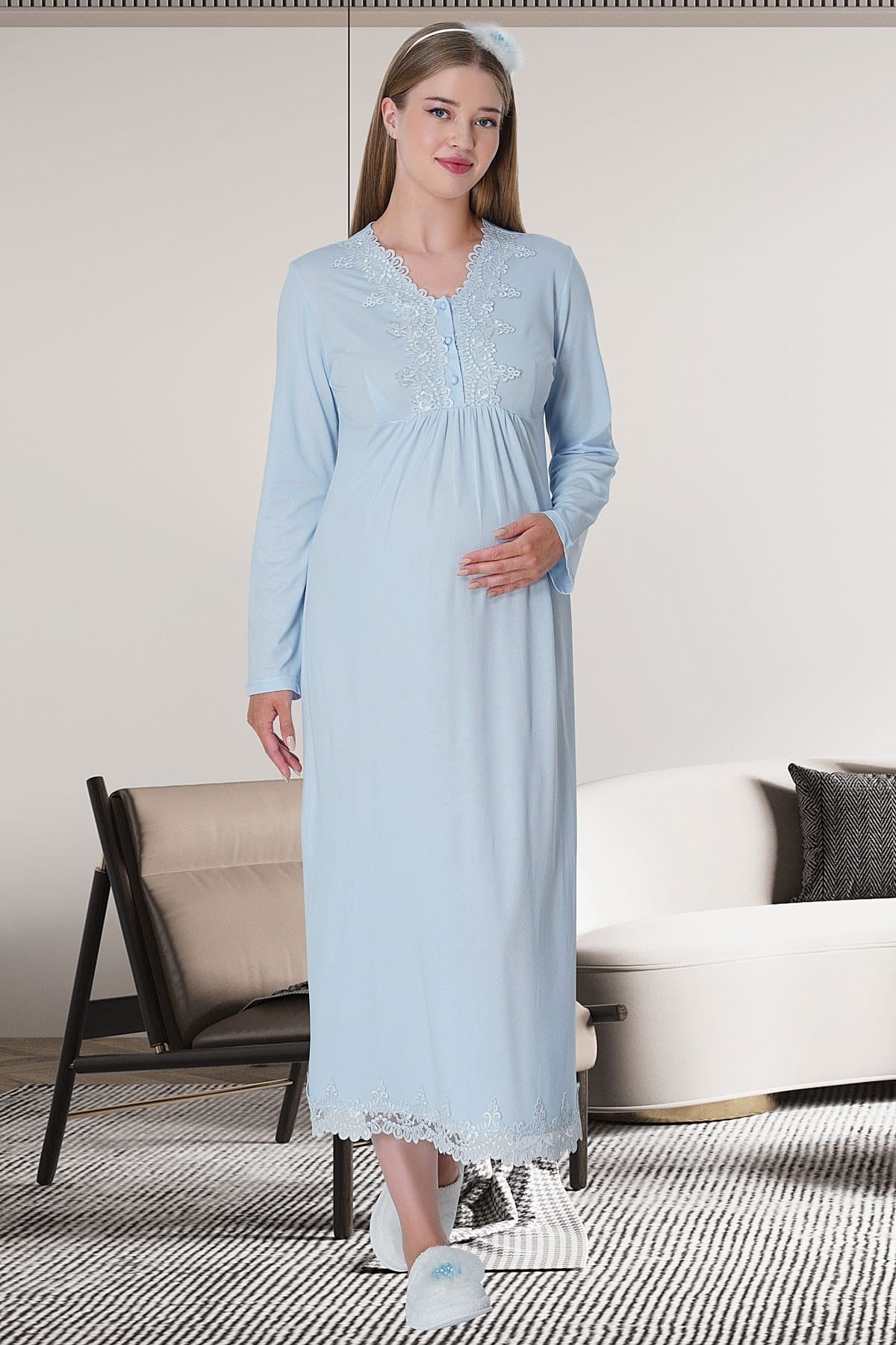 Lace Maternity & Nursing Nightgown With Robe Blue - 1518