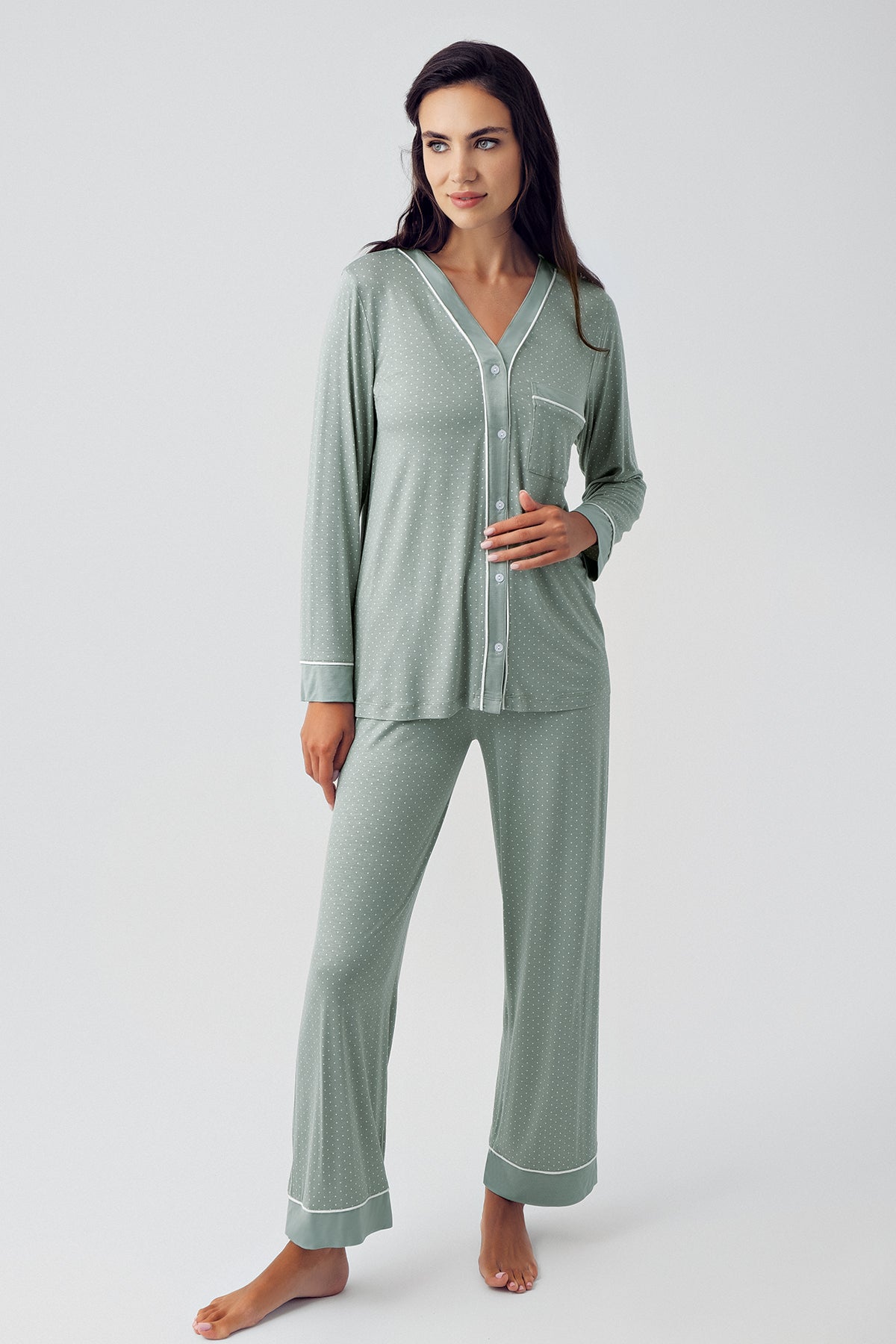 Polka Dot Maternity & Nursing Pajamas Green - 15201
