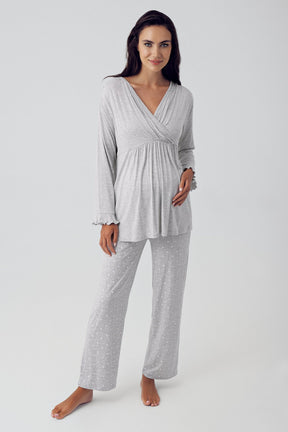 Double Breasted 3-Pieces Maternity & Nursing Pajamas With Polka Dot Robe Grey - 15302