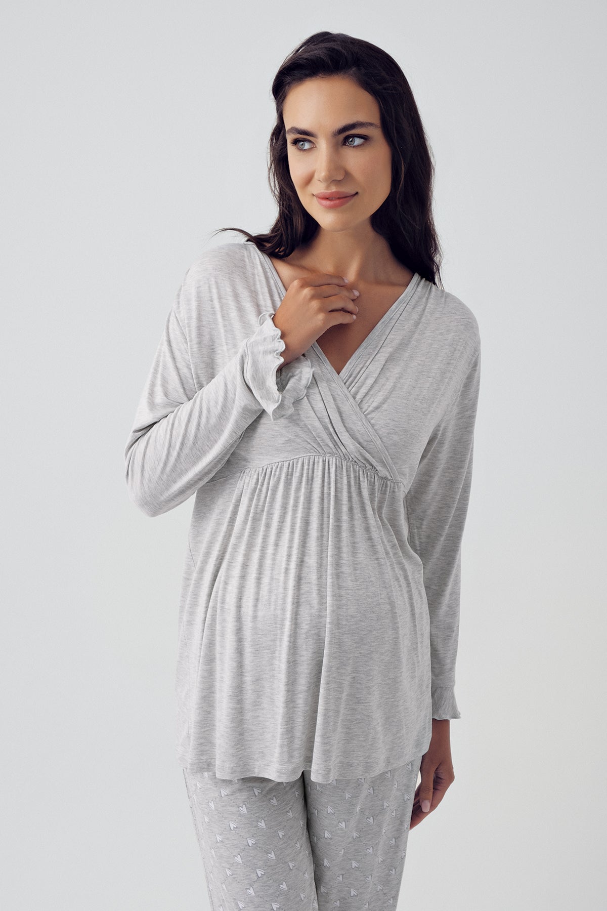 Polka Dot Double Breasted Maternity & Nursing Pajamas Grey - 15202