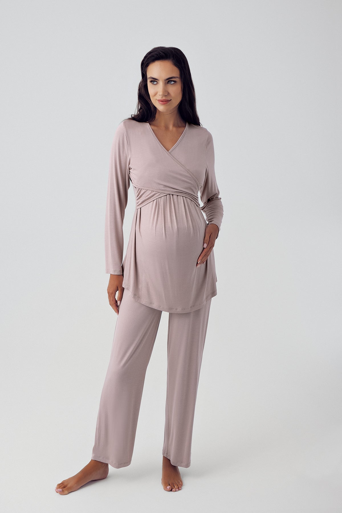 Cross Double Breasted 3-Pieces Maternity & Nursing Pajamas With Patterned Robe Coffee - 15305