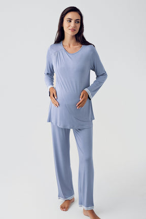 Wide Double Breasted 3-Pieces Maternity & Nursing Pajamas With Flowery Robe Indigo - 15309