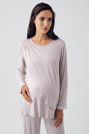 Wide Double Breasted 3-Pieces Maternity & Nursing Pajamas With Flowery Robe Coffee - 15309