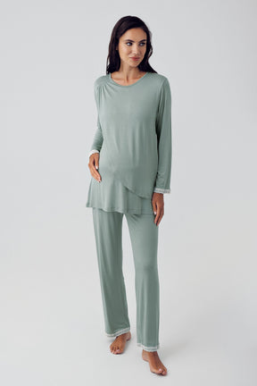 Wide Double Breasted 3-Pieces Maternity & Nursing Pajamas With Flowery Robe Green - 15309