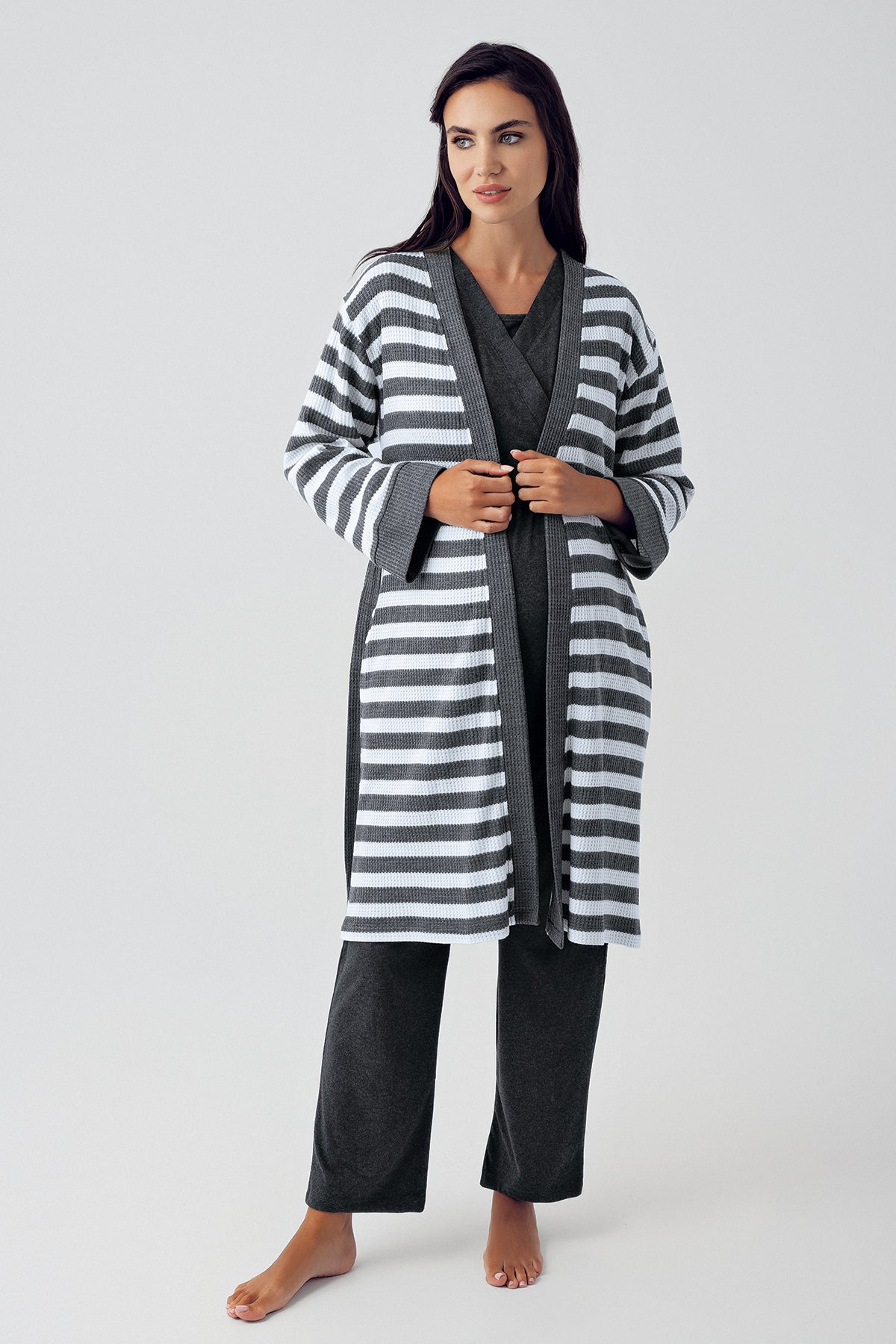 Double Breasted 3-Pieces Maternity & Nursing Pajamas With Knitwear Robe Anthracite - 15301
