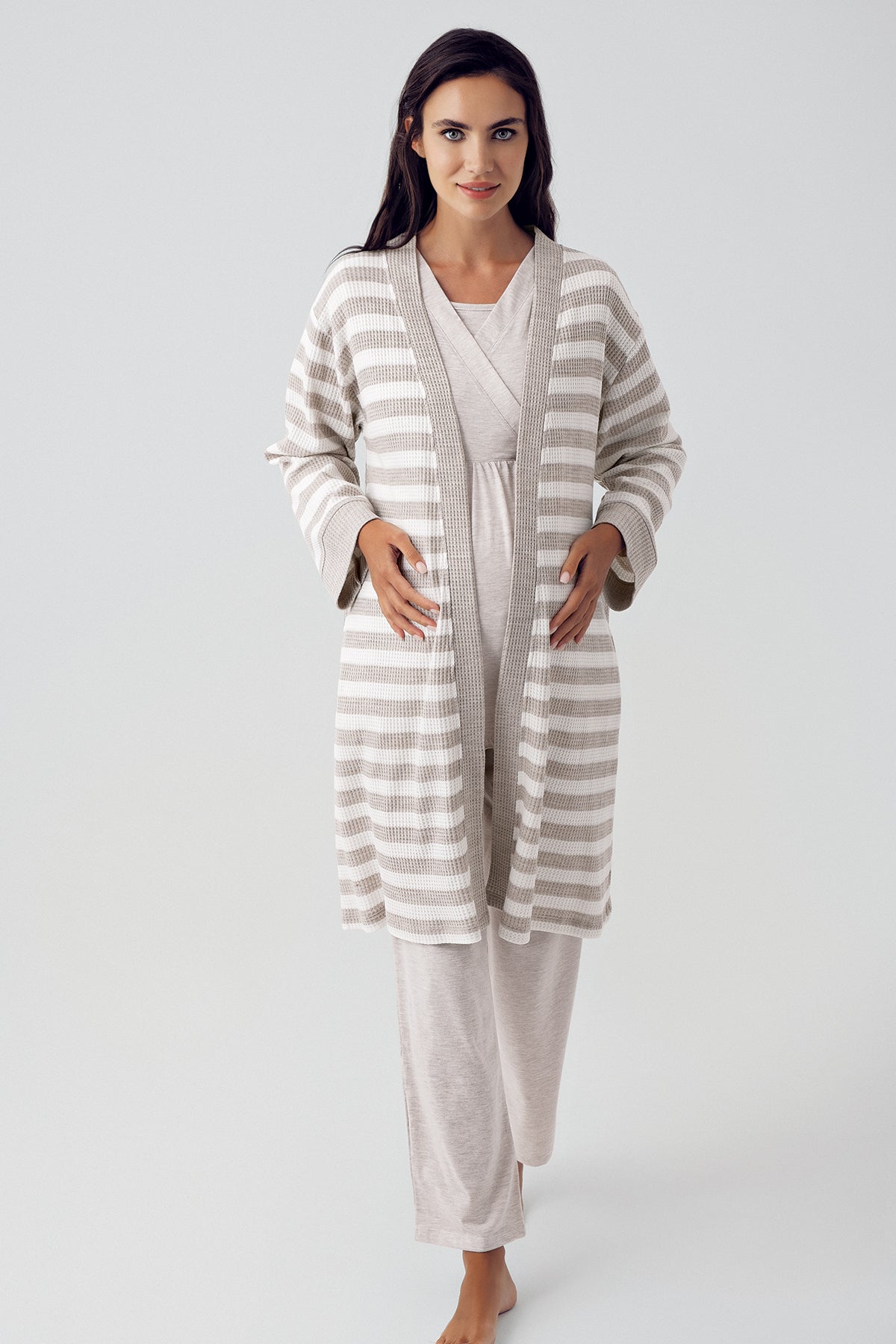 Double Breasted 3-Pieces Maternity & Nursing Pajamas With Knitwear Robe Beige - 15301