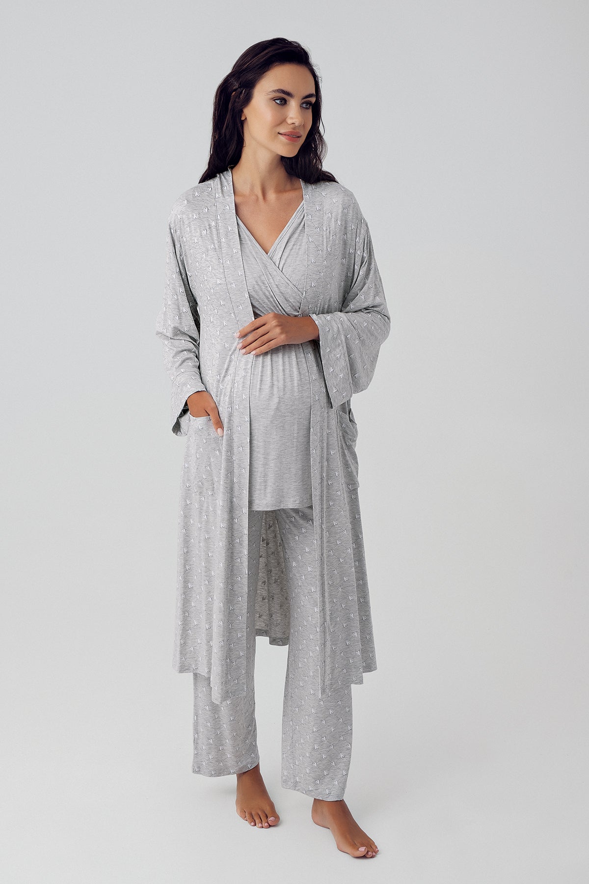 Double Breasted 3-Pieces Maternity & Nursing Pajamas With Polka Dot Robe Grey - 15302