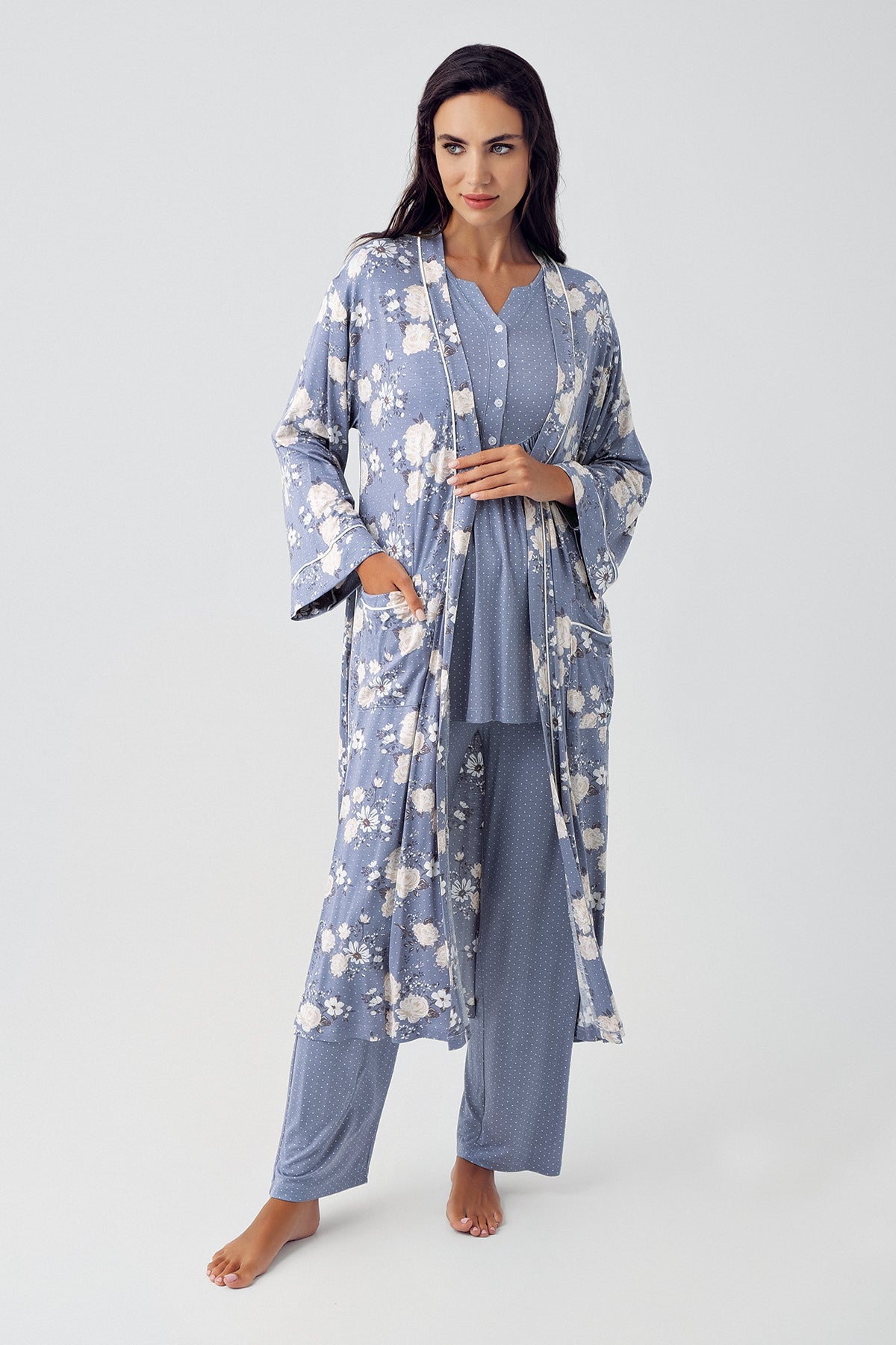 Polka Dot 3-Pieces Maternity & Nursing Pajamas With Flower Patterned Robe Indigo - 15304