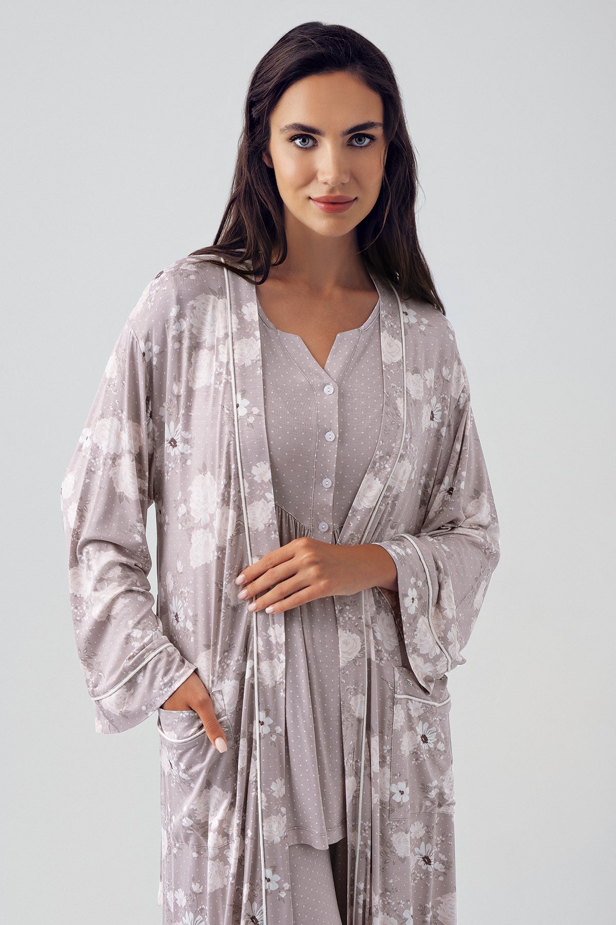 Polka Dot 3-Pieces Maternity & Nursing Pajamas With Flower Patterned Robe Coffee - 15304