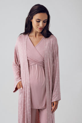 Cross Double Breasted 3-Pieces Maternity & Nursing Pajamas With Patterned Robe Powder - 15305
