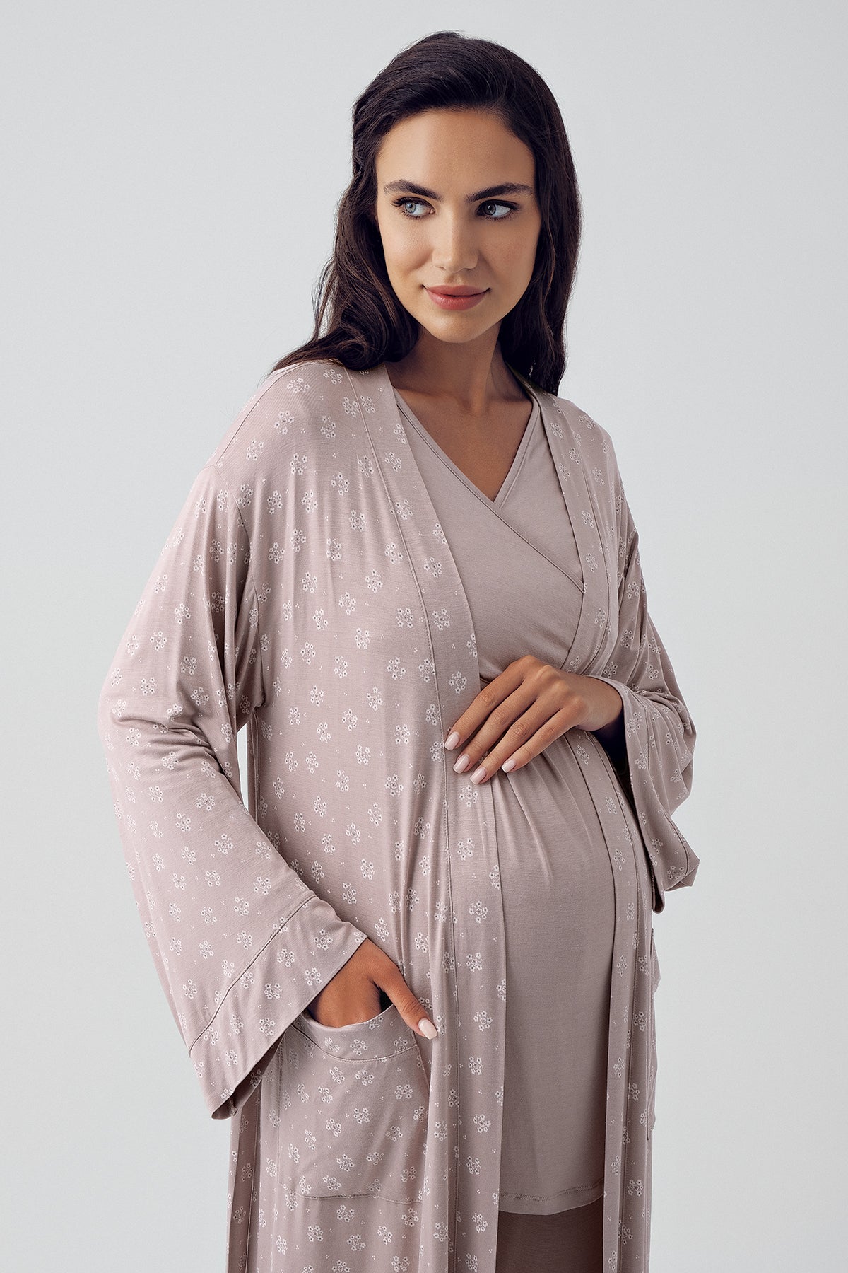Cross Double Breasted 3-Pieces Maternity & Nursing Pajamas With Patterned Robe Coffee - 15305