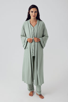 Double Breast Feeding 3-Pieces Maternity & Nursing Pajamas With Robe Green - 15307