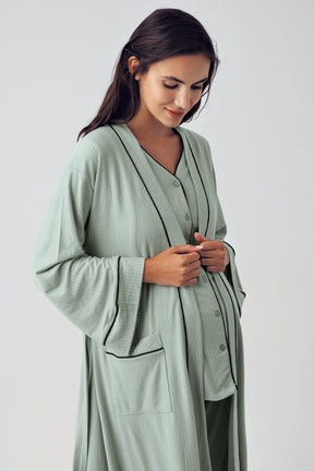 Double Breast Feeding 3-Pieces Maternity & Nursing Pajamas With Robe Green - 15307