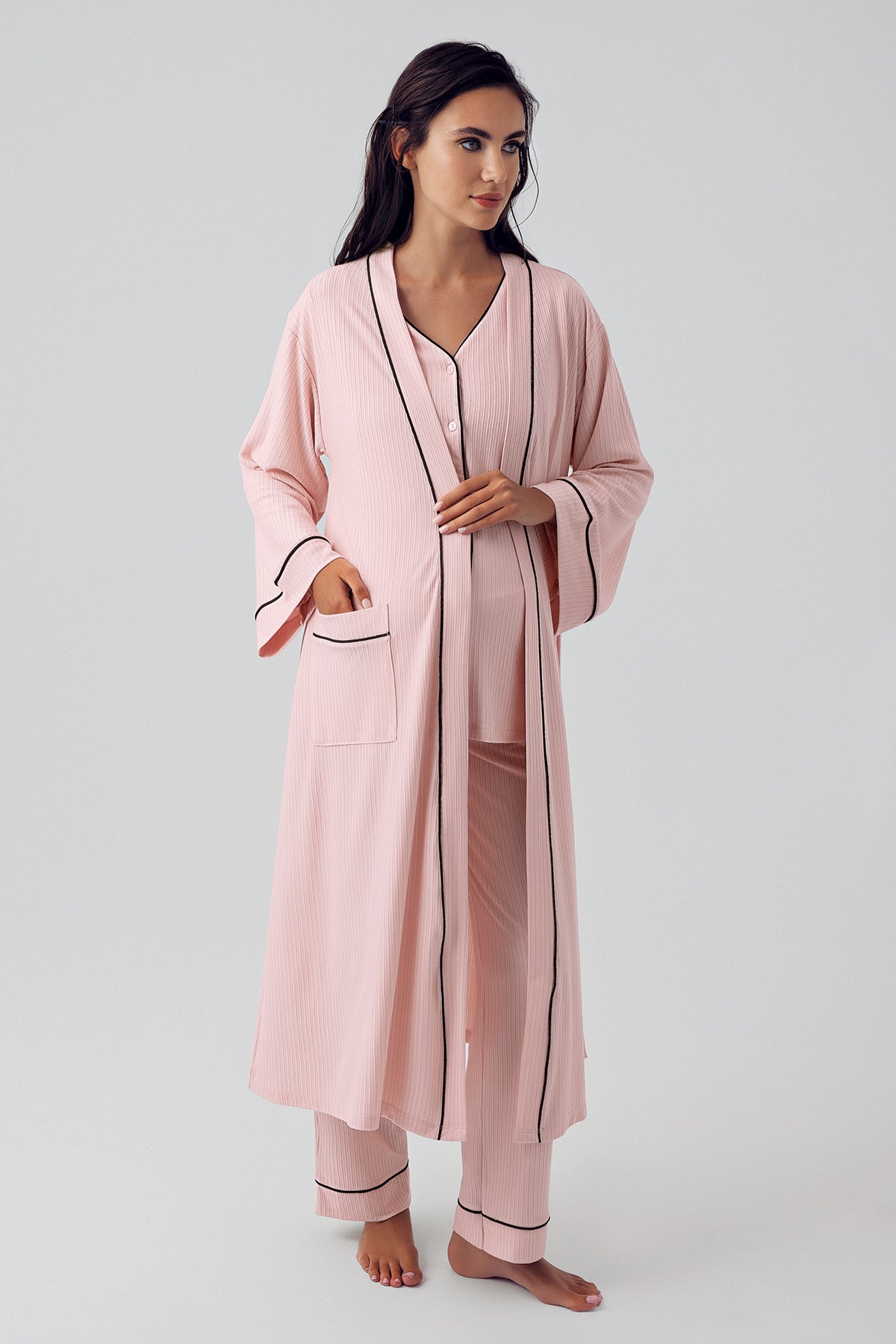 Double Breast Feeding 3-Pieces Maternity & Nursing Pajamas With Robe Powder - 15307