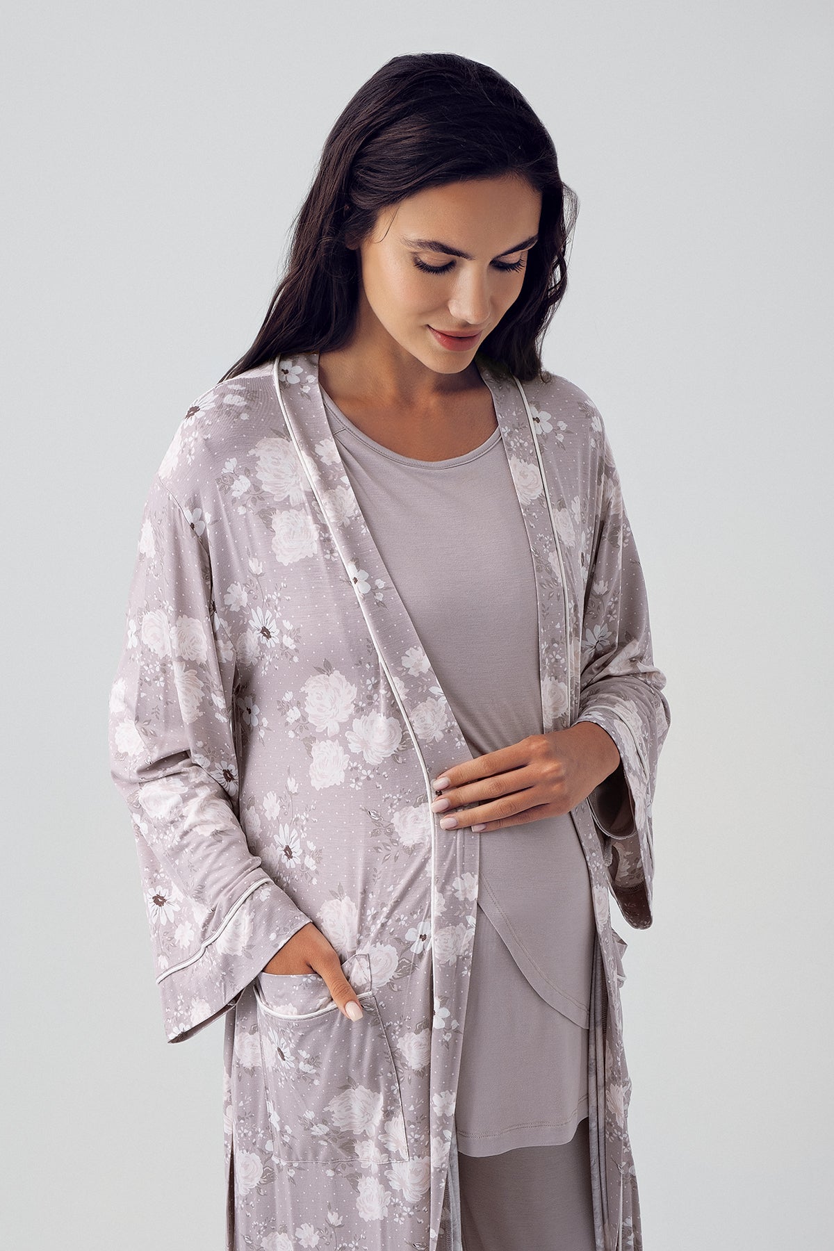 Wide Double Breasted 3-Pieces Maternity & Nursing Pajamas With Flowery Robe Coffee - 15309