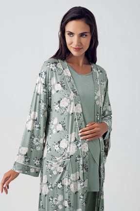 Wide Double Breasted 3-Pieces Maternity & Nursing Pajamas With Flowery Robe Green - 15309
