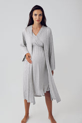 Double Breasted Maternity & Nursing Nightgown With Polka Dot Robe Grey - 15402