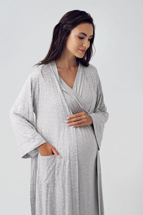 Double Breasted Maternity & Nursing Nightgown With Polka Dot Robe Grey - 15402