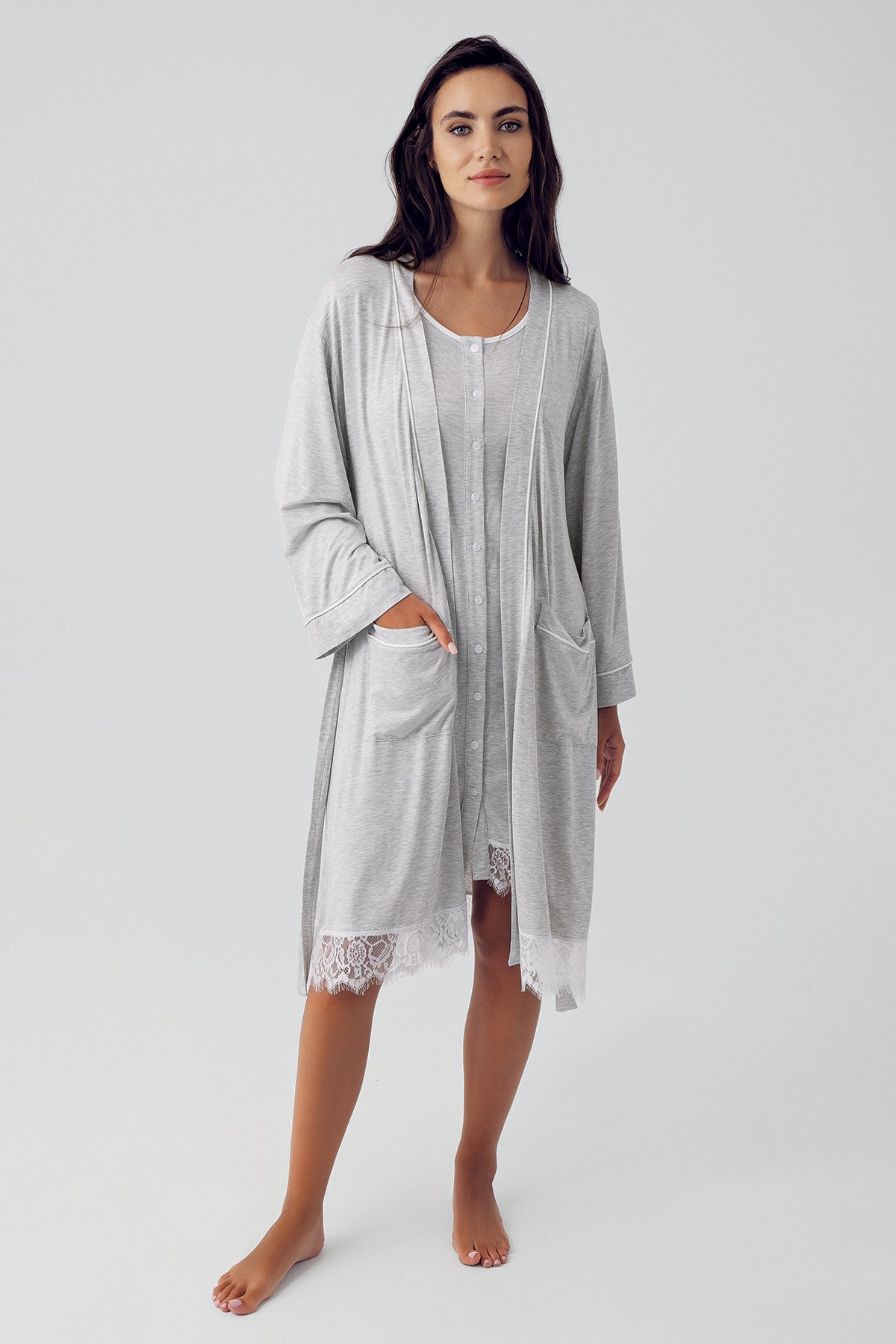 Melange Lace Maternity & Nursing Nightgown With Robe Grey - 15403