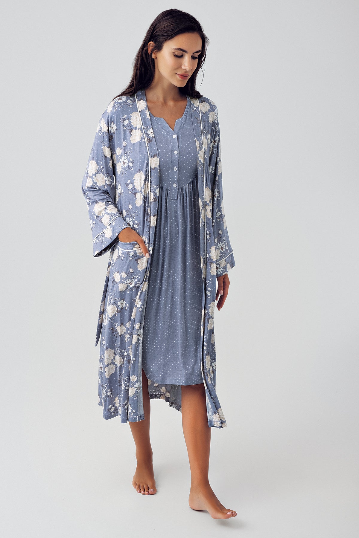 Polka Dot Maternity & Nursing Nightgown With Flower Patterned Robe Indigo - 15404