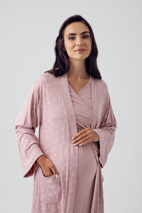 Cross Double Breasted Maternity & Nursing Nightgown With Patterned Robe Powder - 15405