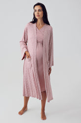 Cross Double Breasted Maternity & Nursing Nightgown With Patterned Robe Powder - 15405