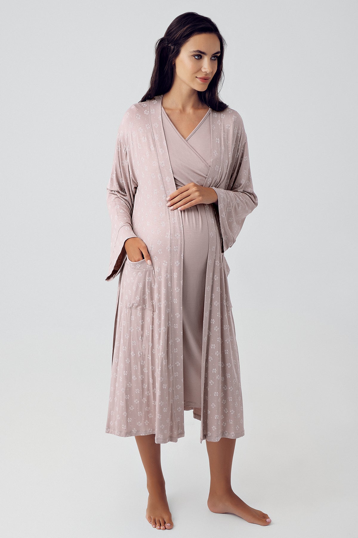 Cross Double Breasted Maternity & Nursing Nightgown With Patterned Robe Coffee - 15405