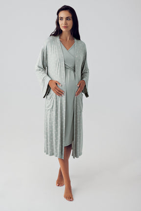 Cross Double Breasted Maternity & Nursing Nightgown With Patterned Robe Green - 15405