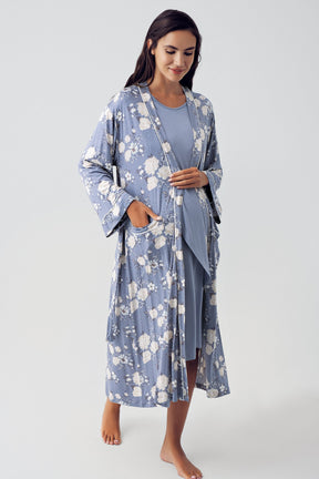 Flowery Wide Double Breasted 4 Pieces Maternity & Nursing Set Indigo - 409209