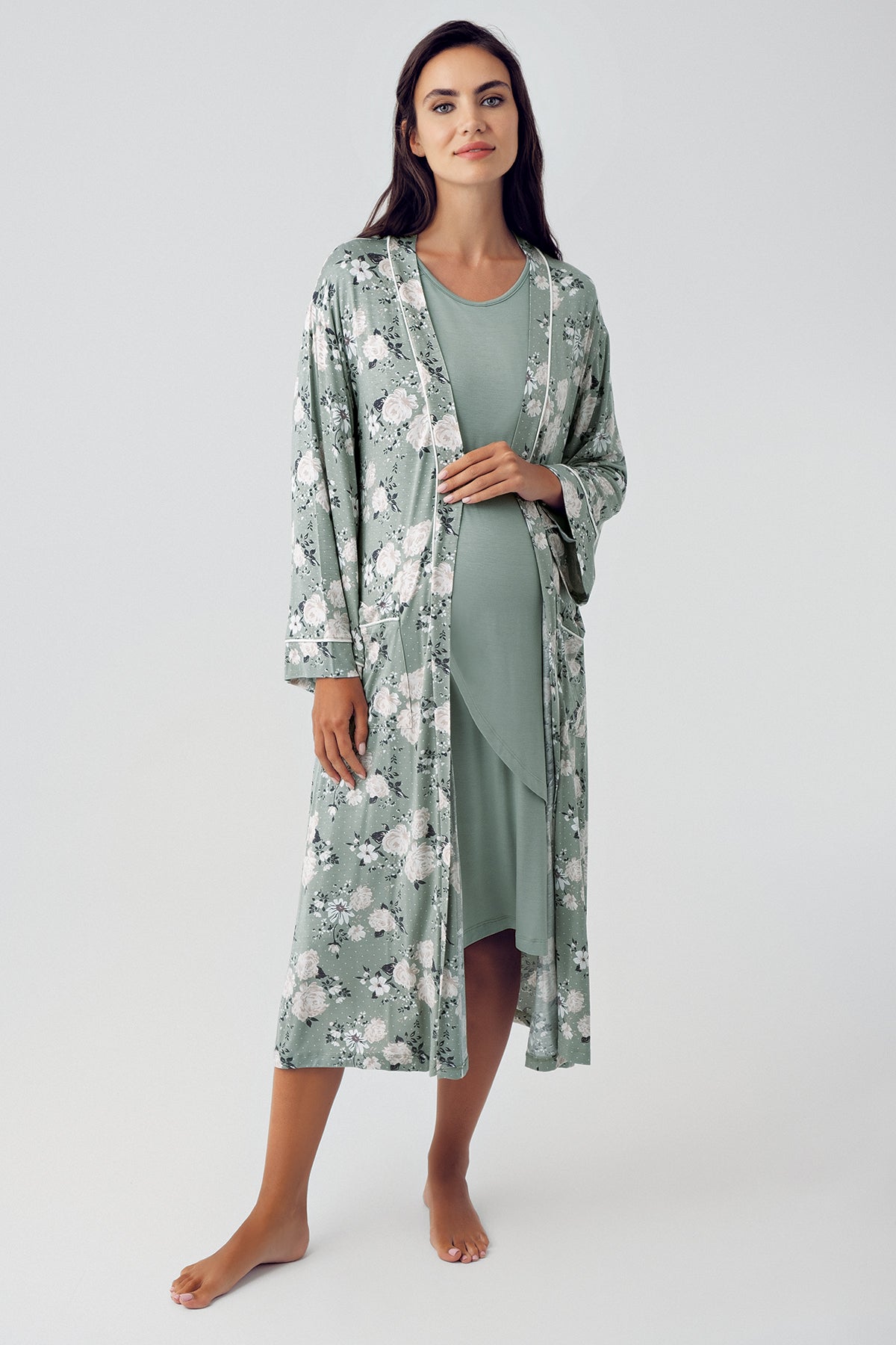 Wide Double Breasted Maternity & Nursing Nightgown With Flowery Robe Green - 15409